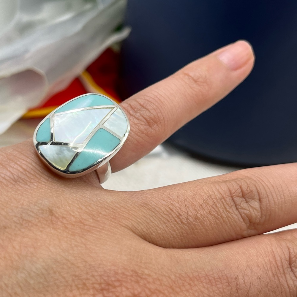 Vintage Thai 925 Sterling Silver Natural Turquoise MOP Inlay Ring Size 6 - Picture 6 of 16